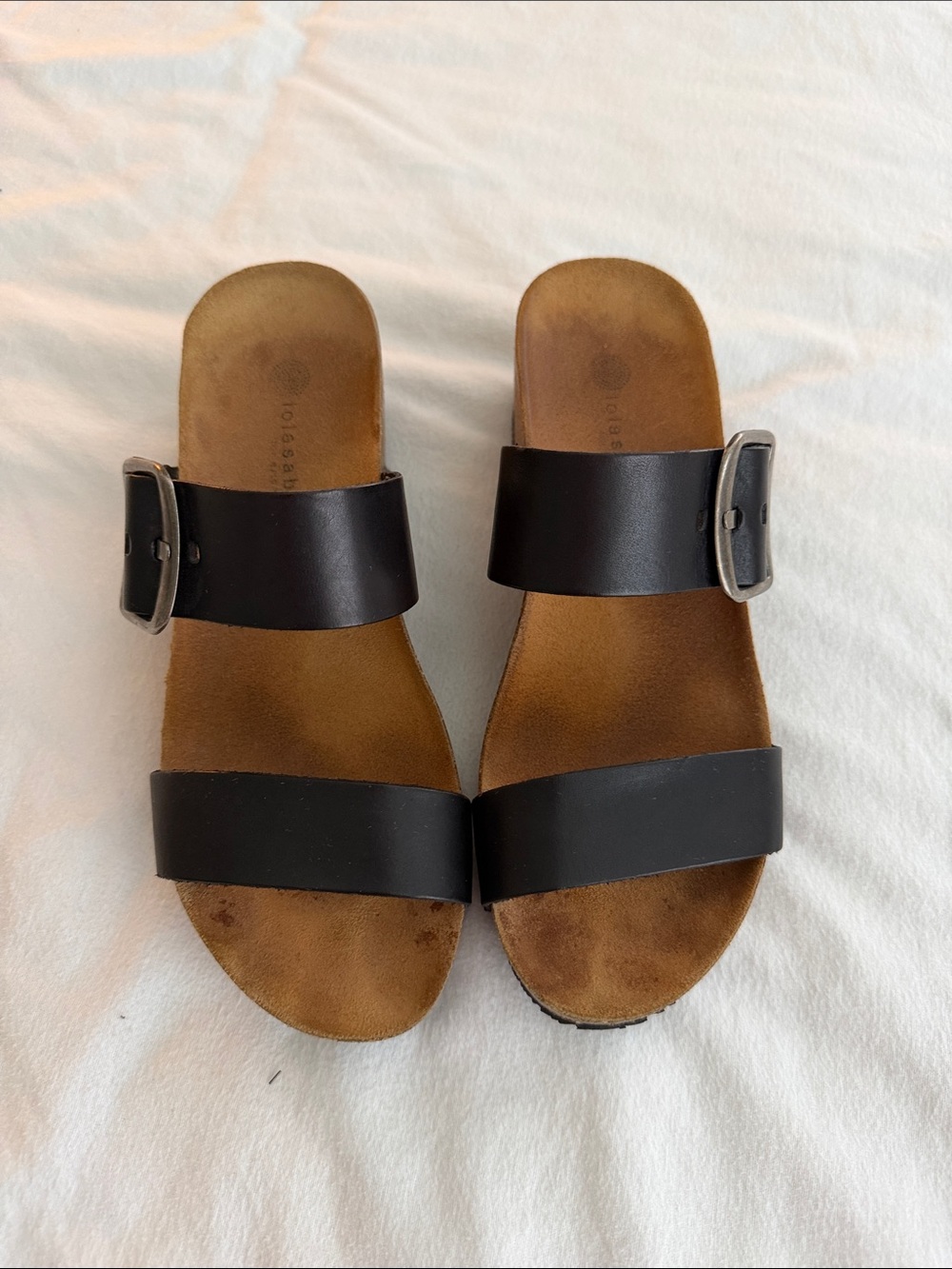 Eric Michael Lola Black Two-Strap Slide Wedge  Sandals with Buckle